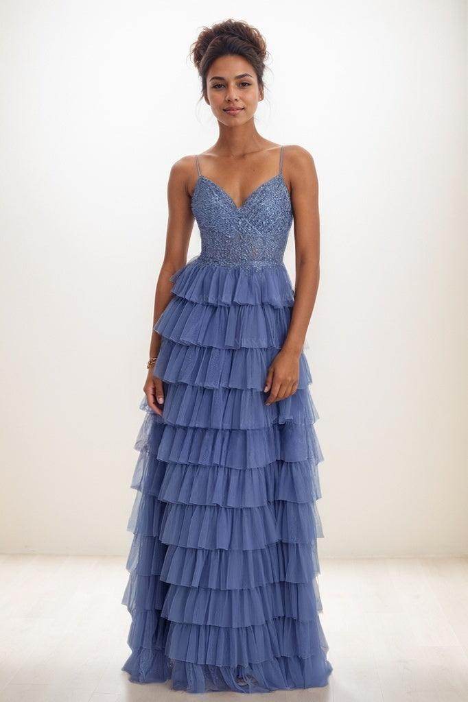 V-Neck Spaghetti Straps Back Hole Tulle Prom Dresses CS0811 - COCOMELODY